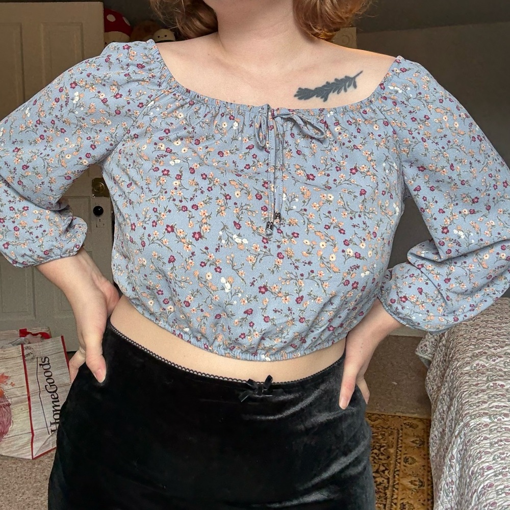 Pink Rose Floral Blue Blouse